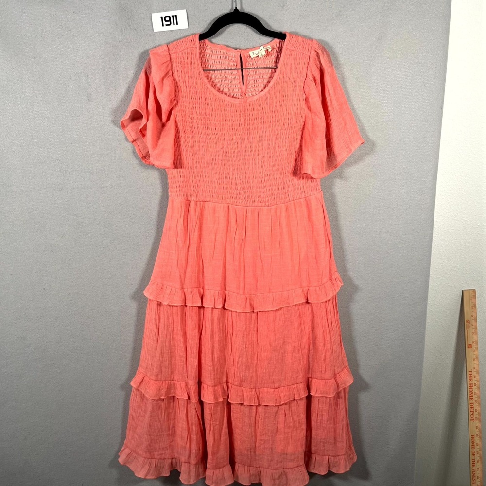 Indigo Rose Maxi Dress Womens Large Coral Pink Smocked Tiered Boho Keyhole Back
